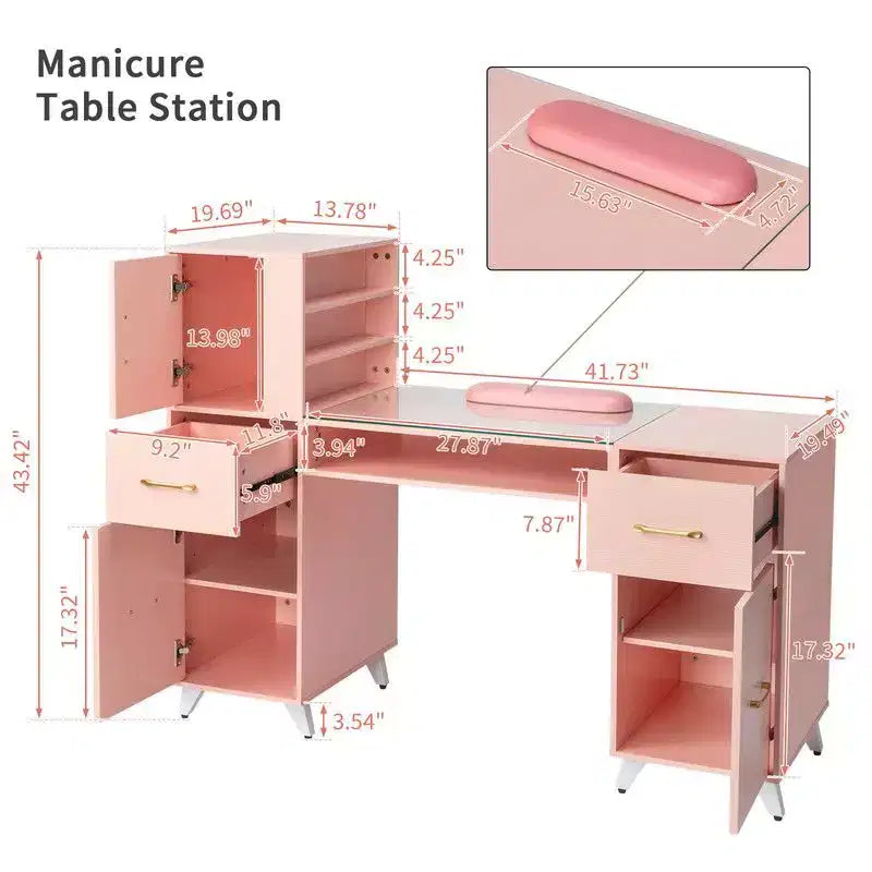 Black / Pink Modern Manicure Nail Desk with Glass Top & Wrist Rest, Single Station