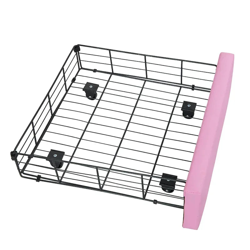 Twin Size Upholstered Bed Frame with LED Lights, Modern Upholstered Princess Bed with Crown Headboard, a Drawer, Pink+White