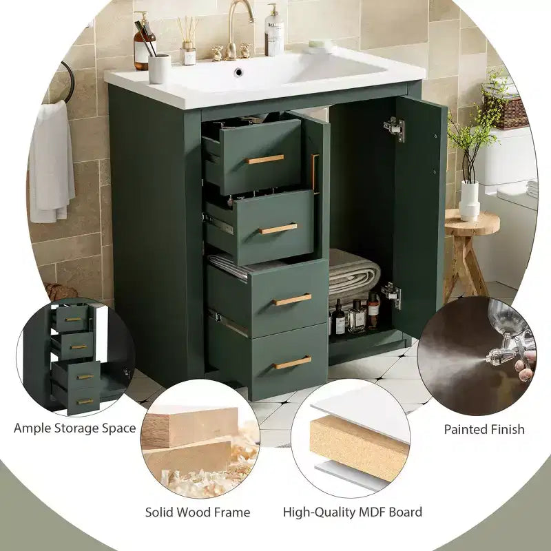 30 Single Sink Bathroom Vanity with Cabinet & 3 Drawers – Black / Blue / Green / Indigo / White