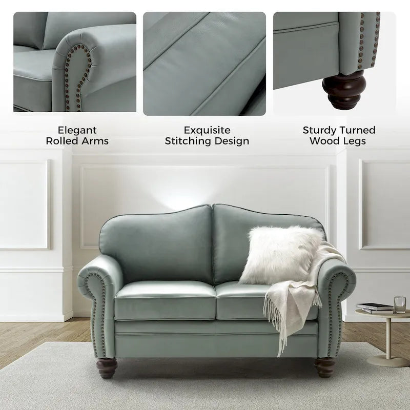 Transitional Genuine Leather Sofa With Tufted Back