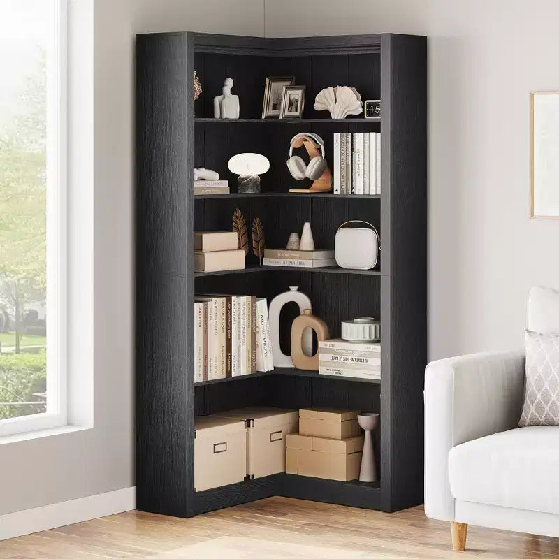 Black/White/Wood/Retro, L-Shaped Corner Bookshelf, 5-Tier, Single