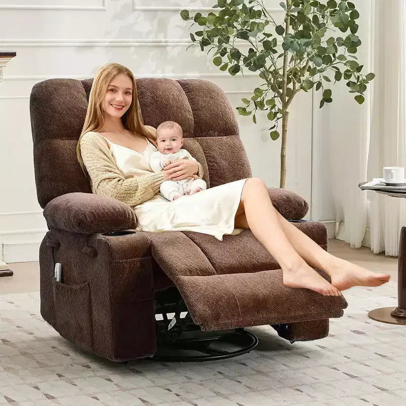 Oversized Recliner Chair for Adults, Manual Swivel Rocker Sofa, Side Pockets & Cup Holders for Big and Tall Persons, Living Room