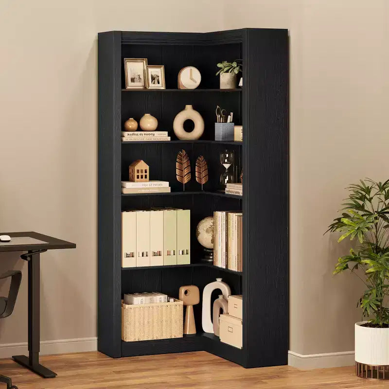 Black/White/Wood/Retro, L-Shaped Corner Bookshelf, 5-Tier, Single