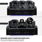 Power Reclining Sofa with Wireless Charger,Reading Light for Living Room,Faux Leather LED Light,AC/USB Port,Cup Holder,Black