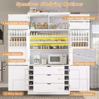 Tall Kitchen Pantry Cabinet with Power Outlets, Large Freestanding Cupboard with Microwave Stand, Drawers, Shelves, Wine Racks & Door-Shelf