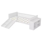 Whisen Twin Size Low Loft Bed Frame for Kids with Slide, Movable Bookshelf Storage, Guardrails, Low Loft Bed Frame