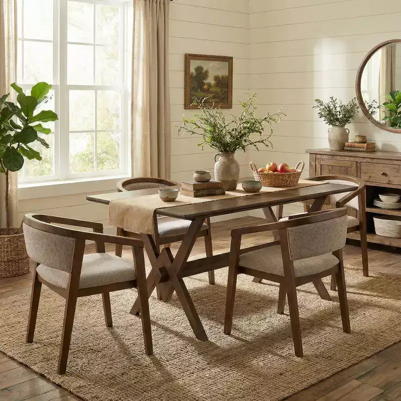 Christopher Knight Home Simon 5 Piece Mid-Century Modern Rubberwood Dining Set with Boucle Upholstered Chairs
