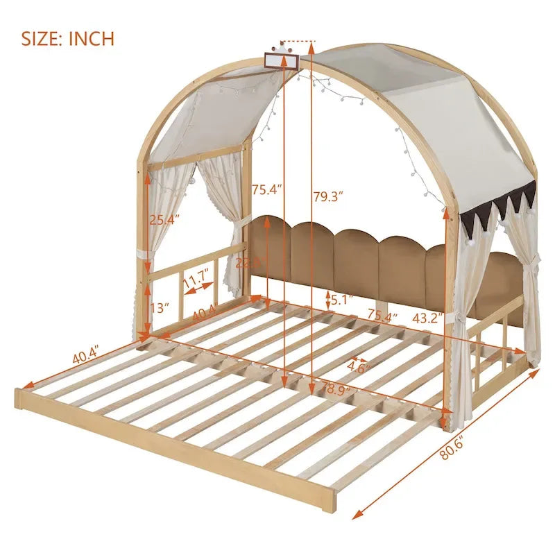 Solid Wood Playhouse Platform Bed Floor Montessori Bed Frame with Arched Roof and Trundle for Girls and Boys
