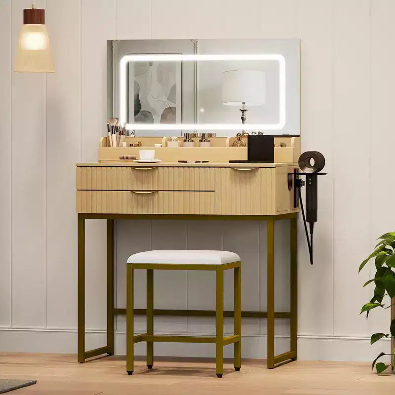 Vanity Desk with Mirror and Lights, LED Lighted Mirror Design, Ample Storage Drawers for Cosmetics and Toiletries Organization
