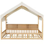 Whisen Full Size Wooden Floor Bed Frame, House-Shaped Daybed with Fense, 3 Storage Bookshelves, Curtain