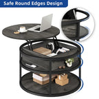 Table basse ronde relevable Moasis Farmhouse avec rangement dissimulé et étagère