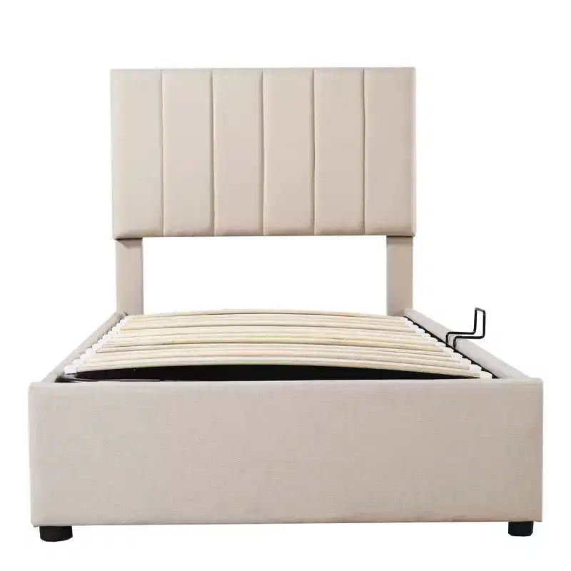 Bellemave Twin Size Lift Up Storage Bed,Upholstered Platform Bed with Hydraulic Storage System,Vertical Stripe Headboard,Beige