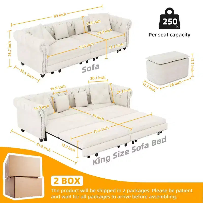 Whisen Velvet 3-in-1 King Size Pull-Out Sofa Bed & Convertible Sleeper Sofa with Movable Ottoman, Tufted Design