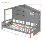 Twin Size House Bed with Storage Shelves and Rails, Wood Kids Montessori Bed Frame with Window and Sparkling Light Strip