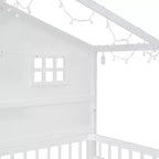 Twin Size House Bed with Storage Shelves and Rails, Wood Kids Montessori Bed Frame with Window and Sparkling Light Strip