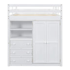 Full Size Wood Loft Bed with Built-in Wardrobe, Desk, Storage Shelves and Drawers