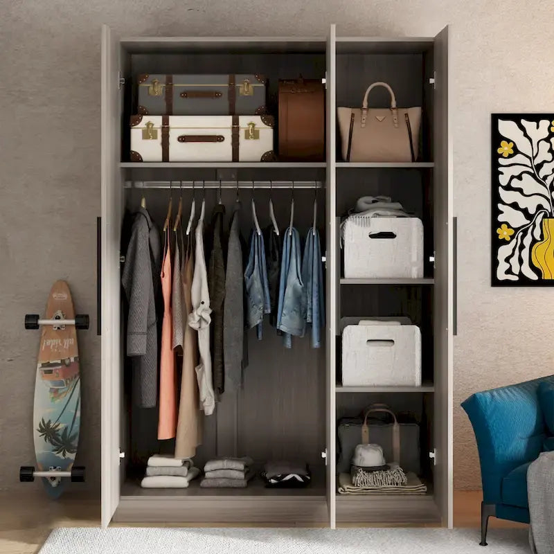 Wardrobe Armoire Wooden Closet Cabinet 6 Storage Cube and Hanging Rod