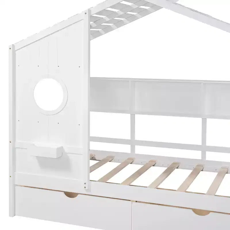 Twin/Full Size Wooden House Bed with 2 Drawers, Kids Bed with Storage Shelf - ModernLuxe