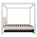 Full Size Linen Upholstery Canopy Platform Bed with Trundle and Three Storage Drawers