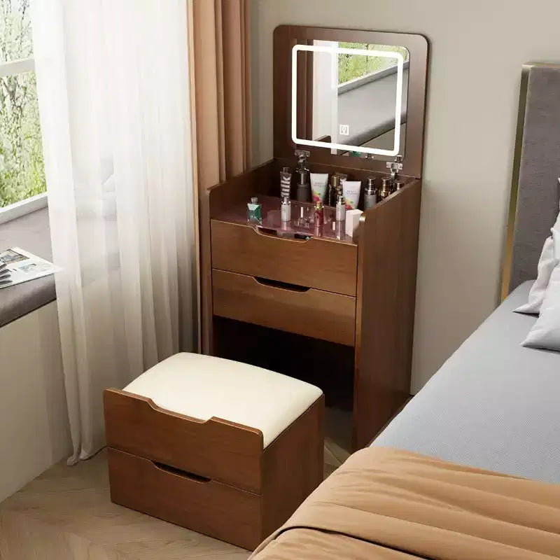 Okak 3-In-1 Vanity Table with Plip Top Mirror, Compact Vanity with Visible Glass Desktop and Cushioned Tool, Vanity Desk for Bedroom