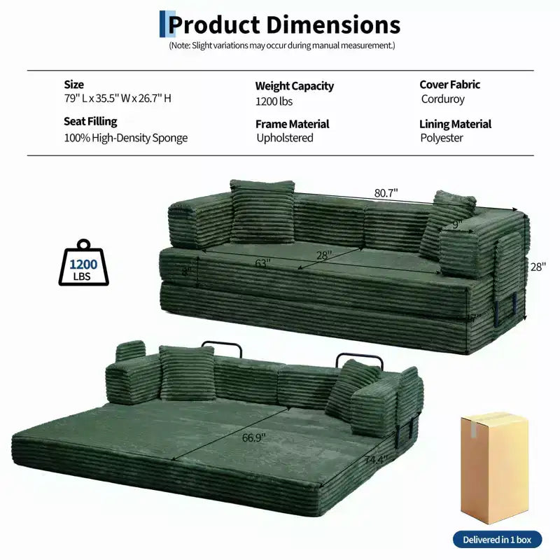 80.7 5-in-1 Convertible Sleeper Sofa Bed – Corduroy, 1200 lbs, No Assembly