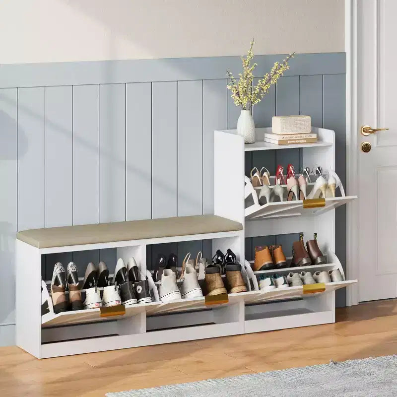 Shoe Storage Cabinet with Bench & 4 Flip Drawers - Narrow Entryway Organizer for 35-40 Pairs