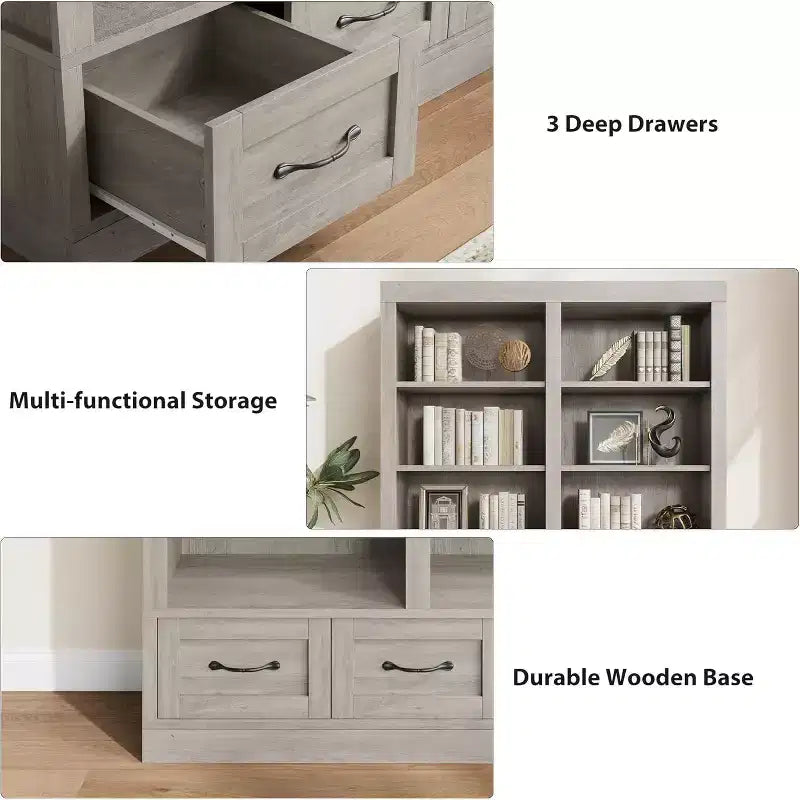 64 H Bookshelves and Bookcases, Bookshelf with 3 Storage Drawers4 Tier Double Wide Open Shelffor Office Living Room