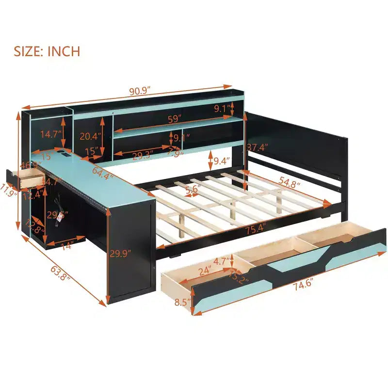 Gamer Hub Daybed with Desk, RGB Lights, Charging Station, Storage Drawers & Bookcase Headboard