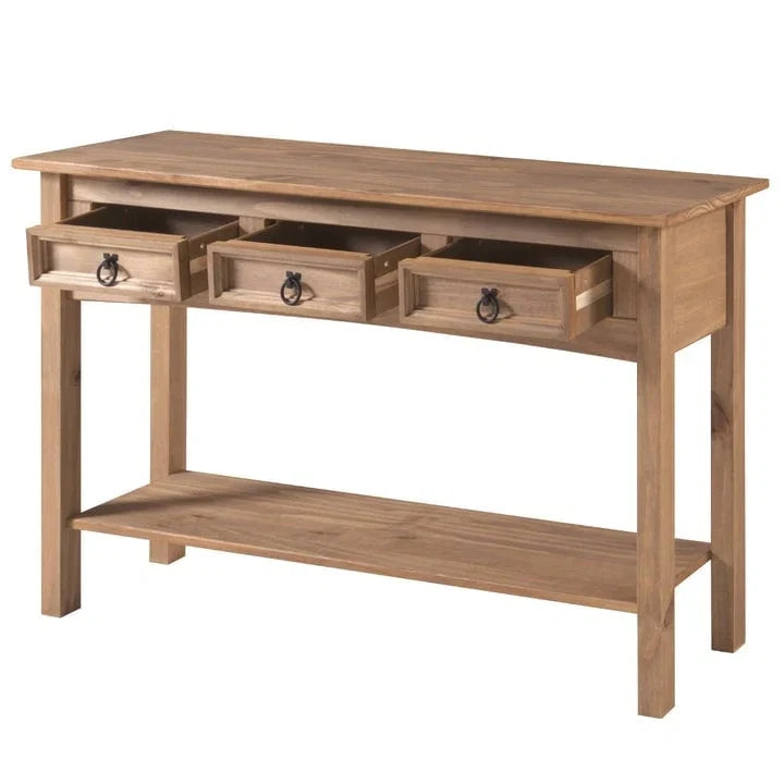 Rustic Solid Pine Console Hall Table, White Wash / Antique Brown / Gray Wash / Unpainted, 3 Drawers