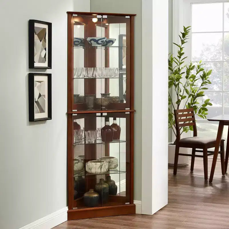 Corner Curio Cabinet, Cherry/Walnut, 4-Door Glass Display Cabinet