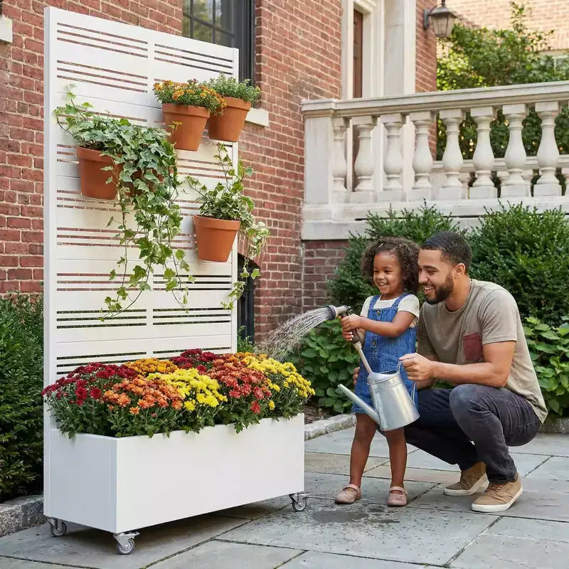 MAYEERTY White Wrought Iron Rectangular Planter with Trellis (Harold Wide-Narrow B Louvered), 72x35x16, 5-Piece Indoor Outdoor Garden Decor