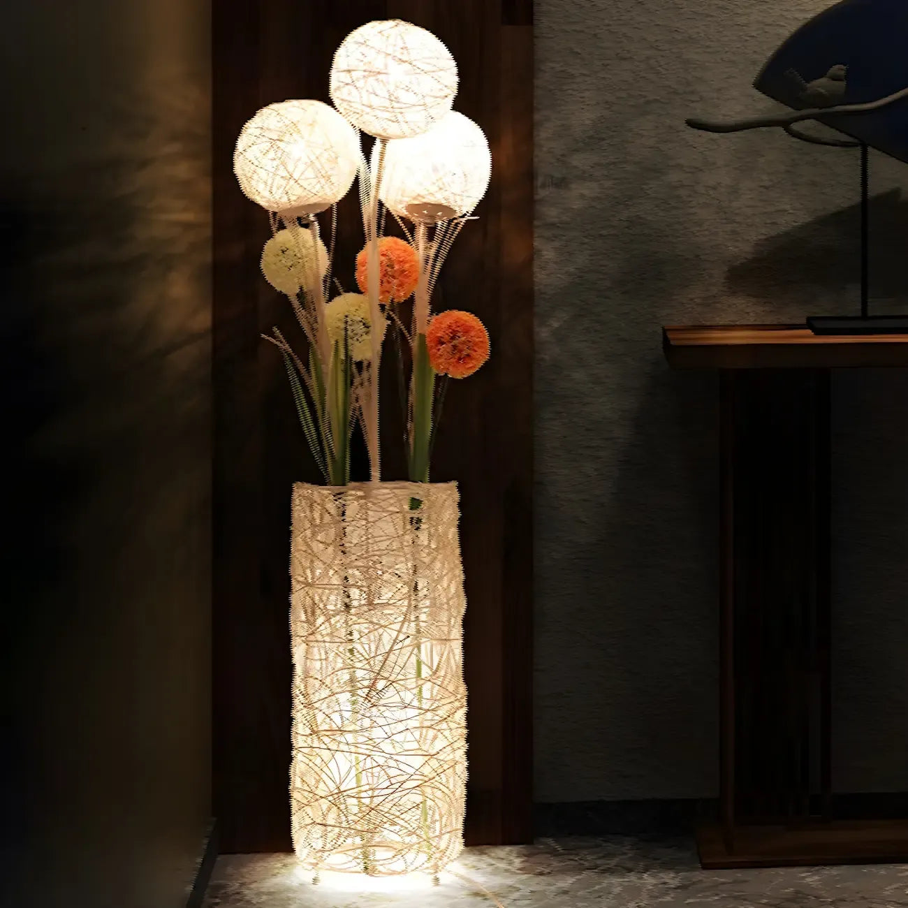 Plug In Column LED Rattan Floor Lamp for Living Room