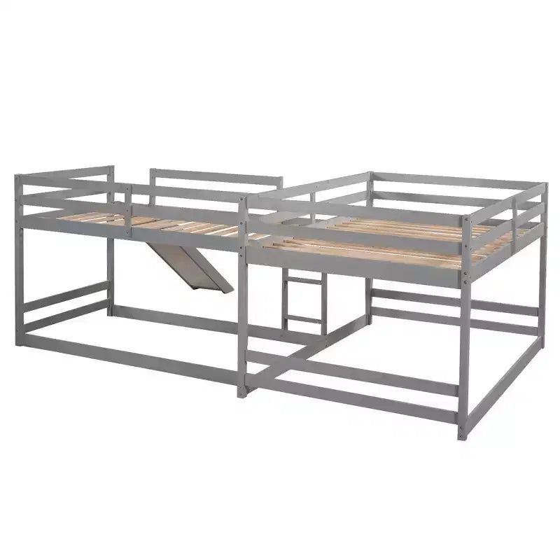 L Shaped Bunk Bed for 4 Kids, Quad Bunk Bed with Slide Full and Twin Wood Bunk Frame for Bedroom Dorm