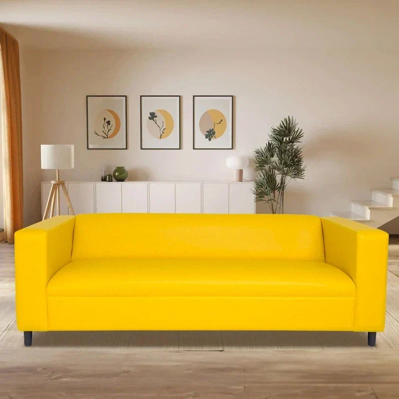 Mid Century Modern 3 Seater Sofa Faux Leather Solid Wood Frame Upholstered