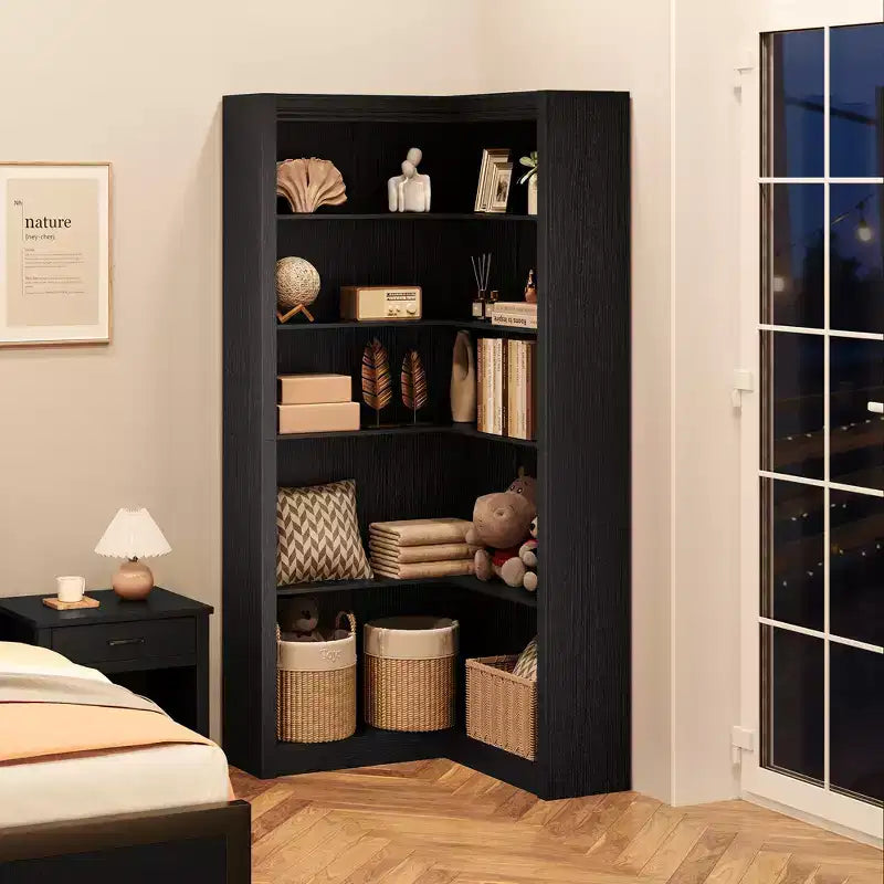 Black/White/Wood/Retro, L-Shaped Corner Bookshelf, 5-Tier, Single