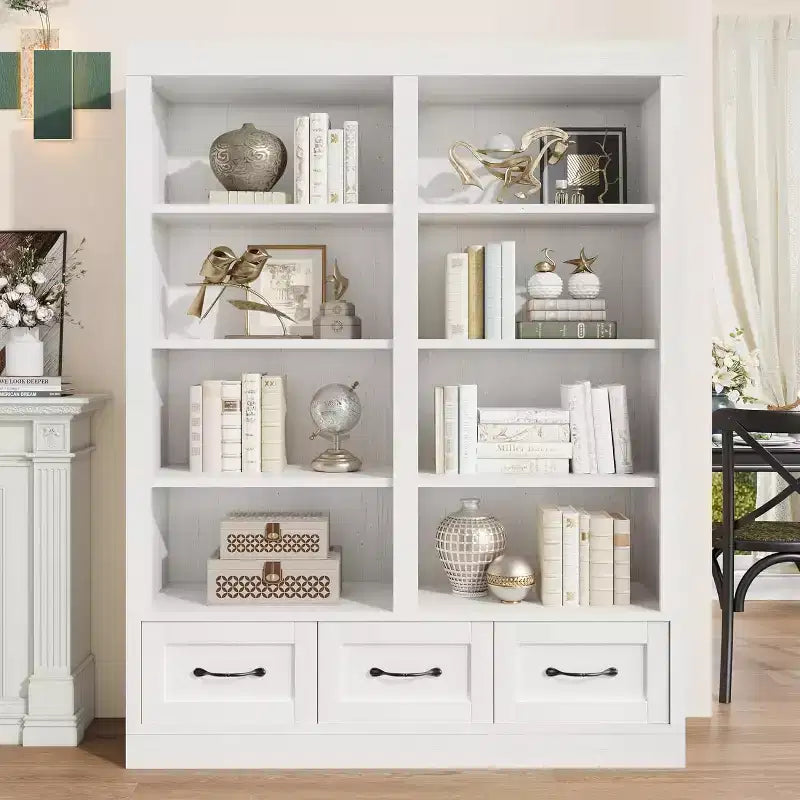 64 H Bookshelves and Bookcases, Bookshelf with 3 Storage Drawers4 Tier Double Wide Open Shelffor Office Living Room
