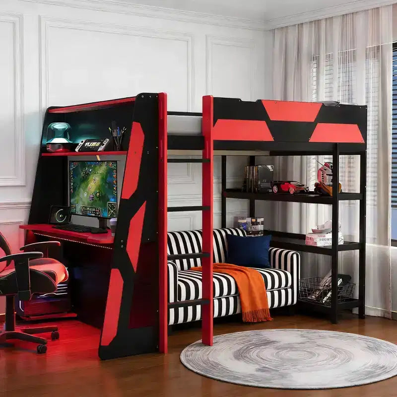 Luxystar Full Gaming Loft Bed with Desk, Storrage Shelves and Lights