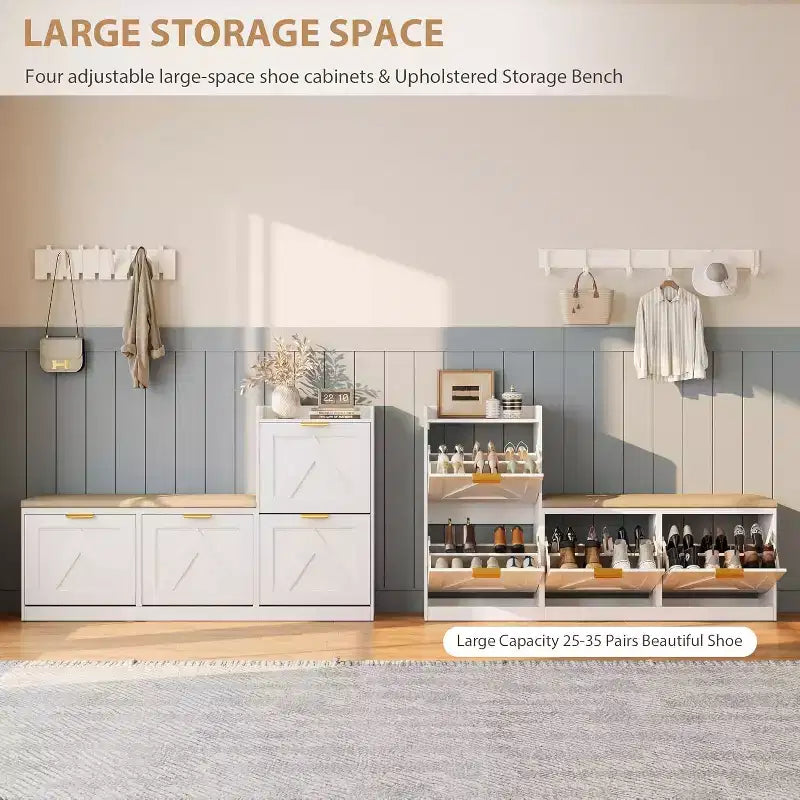 Shoe Storage Cabinet with Bench & 4 Flip Drawers - Narrow Entryway Organizer for 35-40 Pairs
