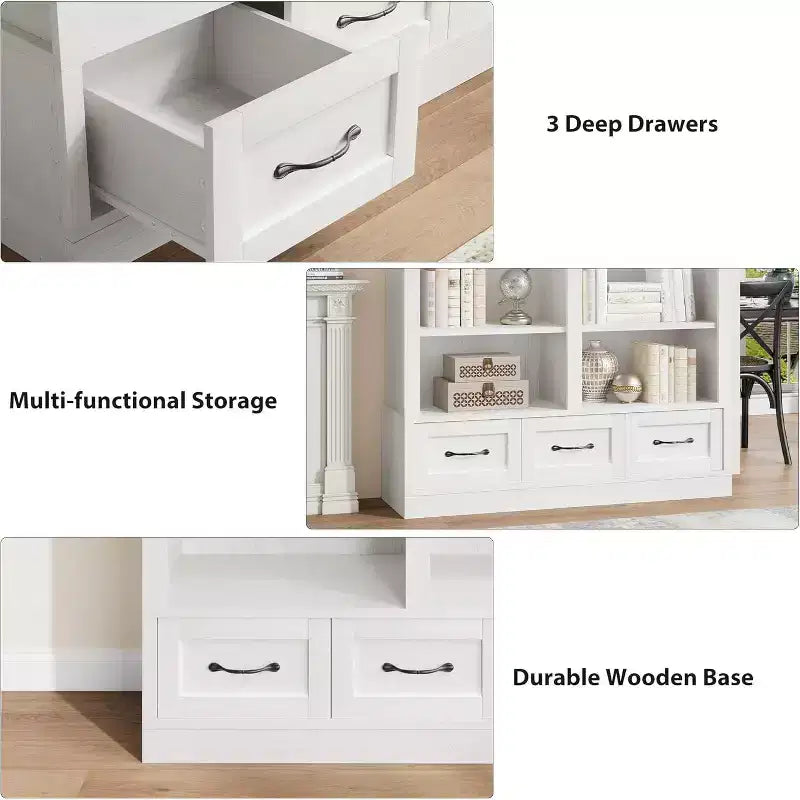 64 H Bookshelves and Bookcases, Bookshelf with 3 Storage Drawers4 Tier Double Wide Open Shelffor Office Living Room