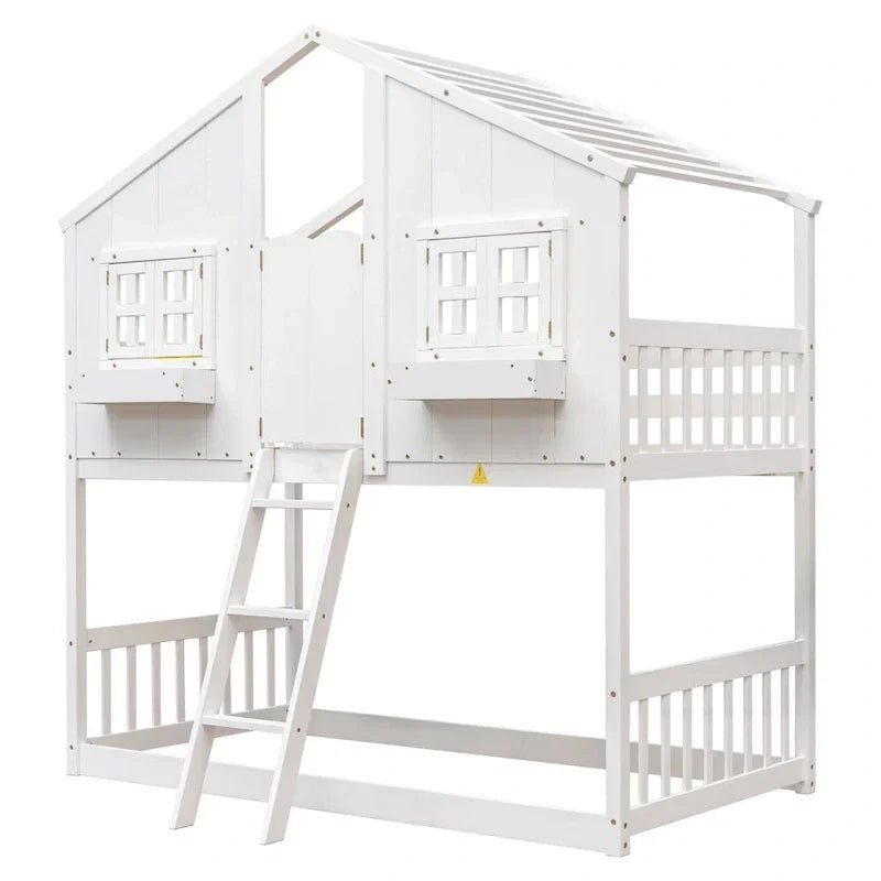 Twin over Twin House Bunk Bed with Roof , Window, Window Box, Door , with Safety Guardrails and Ladder, Grey