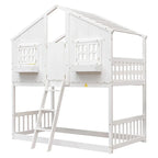 Twin over Twin House Bunk Bed with Roof , Window, Window Box, Door , with Safety Guardrails and Ladder, Grey