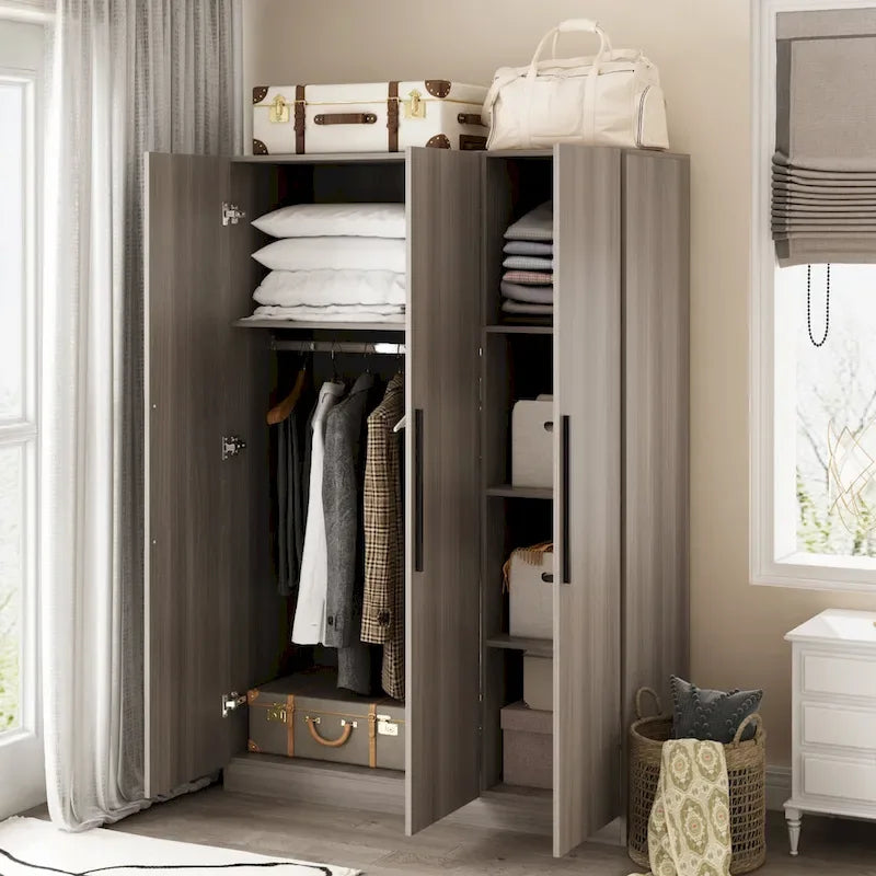 Wardrobe Armoire Wooden Closet Cabinet 6 Storage Cube and Hanging Rod