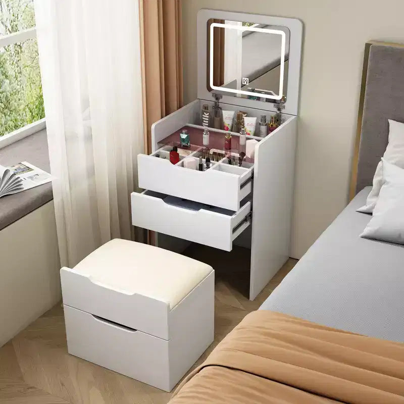 Okak 3-In-1 Vanity Table with Plip Top Mirror, Compact Vanity with Visible Glass Desktop and Cushioned Tool, Vanity Desk for Bedroom