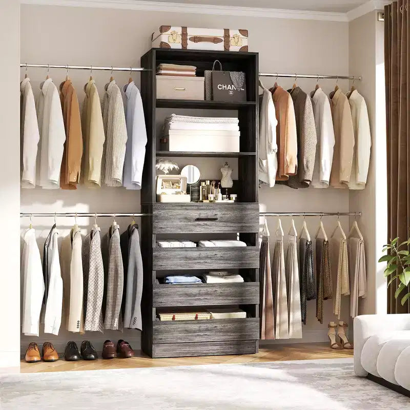 Besiost 4-9 Ft Wooden Closet Organizer System with 4 Drawers, 4 Hanging Rods & Shelving Towers