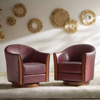 Pocono Transitional Genuine Leather Swivel Barrel Chair With Solid Wood Base Set of 2Artful Living Design