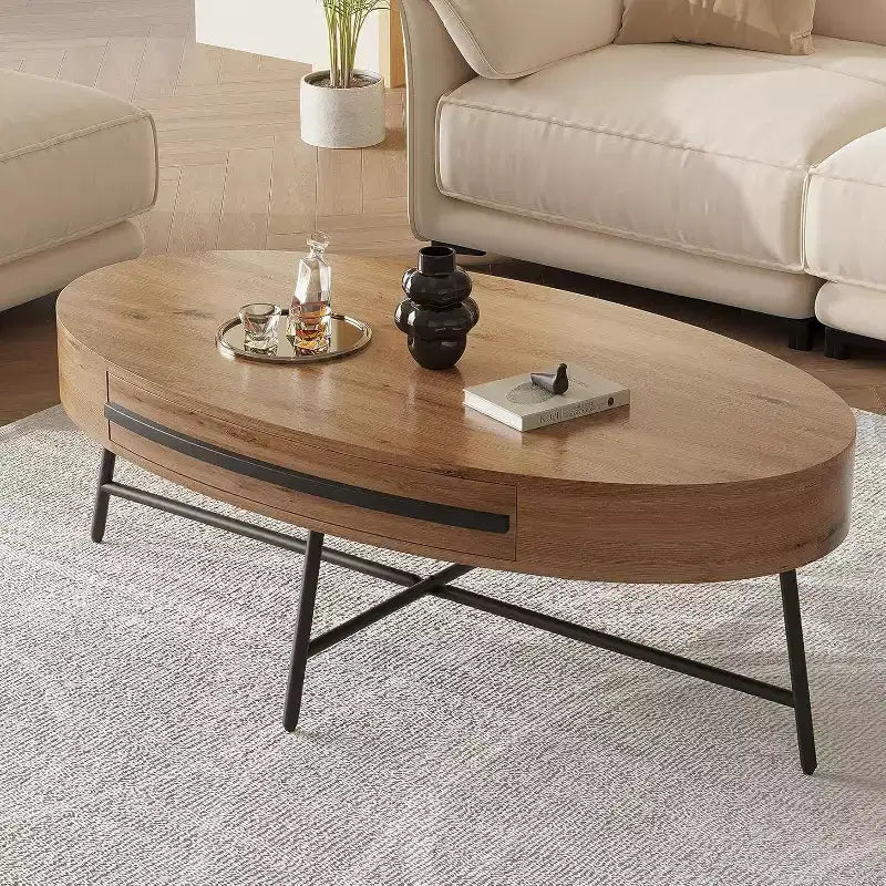 Acekool Oval Coffee Table with Drawer, 47.2 Wooden Storage Table with Cross Metal Legs  Mid-Century Modern Center Table in Natural & Golden Willow
