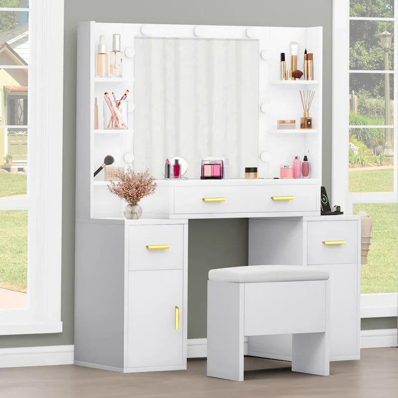 Vanity with Built-In Outlets and Lighted Mirror, 55.1H x 43.3L x 15.74W