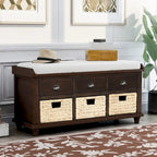 Rustic Storage Bench with 3 Drawers and 3 Rattan Baskets, Shoe Bench for Living Room, Entryway