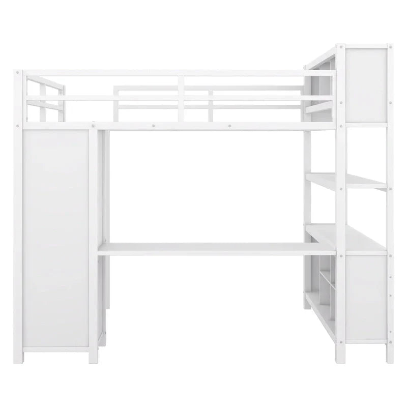 Letto a soppalco in metallo Off-White con scrivania e armadio - Matrimoniale