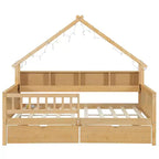 Full Size House Bed Frame with Drawers, House Platform Bed with LED Lights, Storage Shelves & Drawers, Wood Daybed with Roof and Guardrail